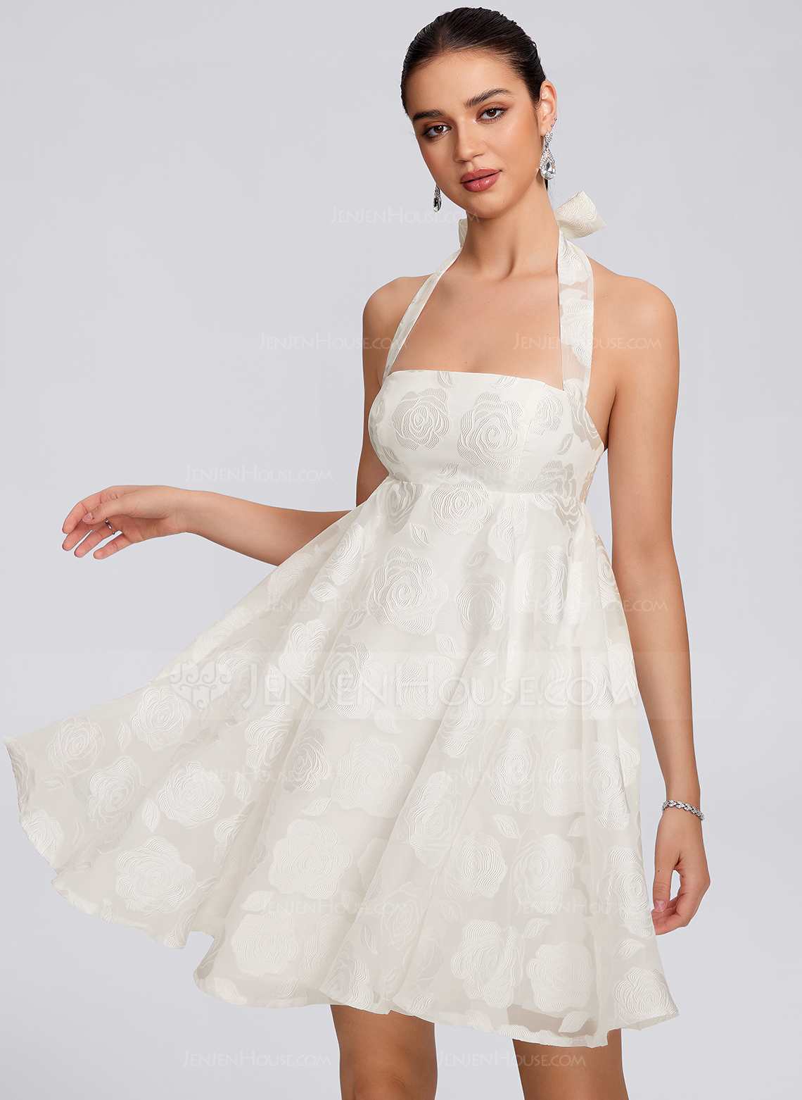 A-line Halter Short Jacquard Homecoming Dress With Bow 