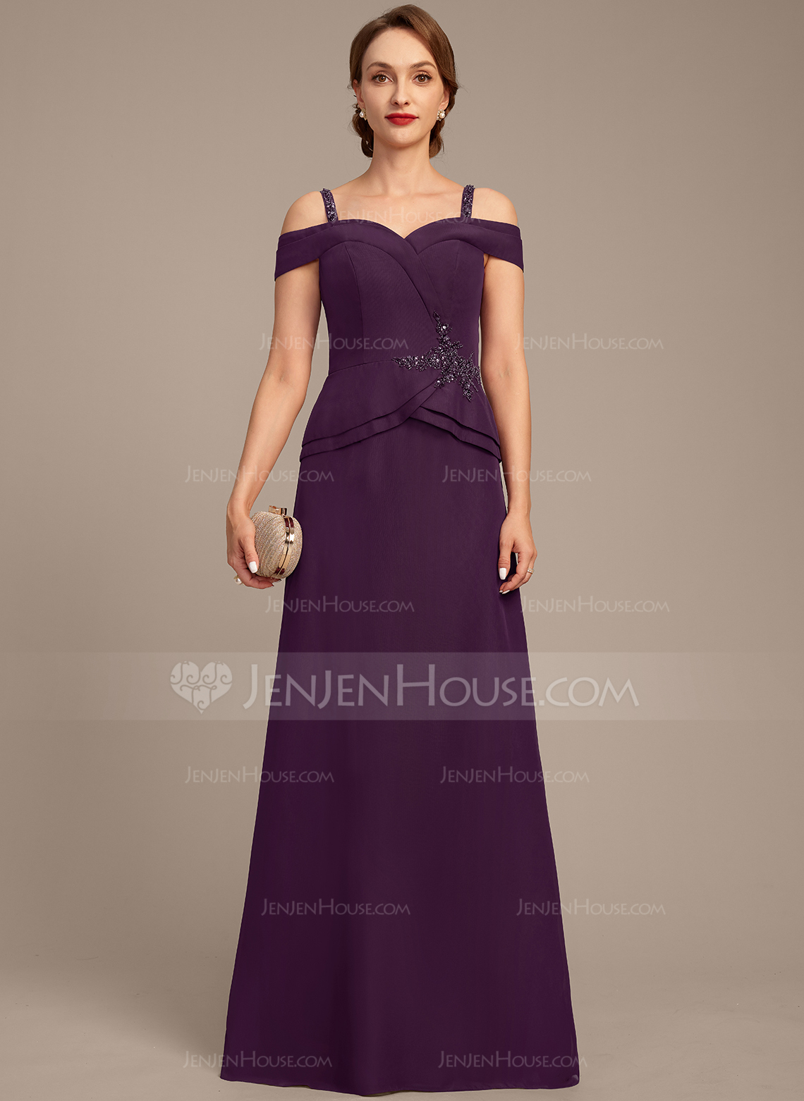 A-line Cold Shoulder Floor-Length Chiffon Mother of the Bride Dress With Beading Sequins 