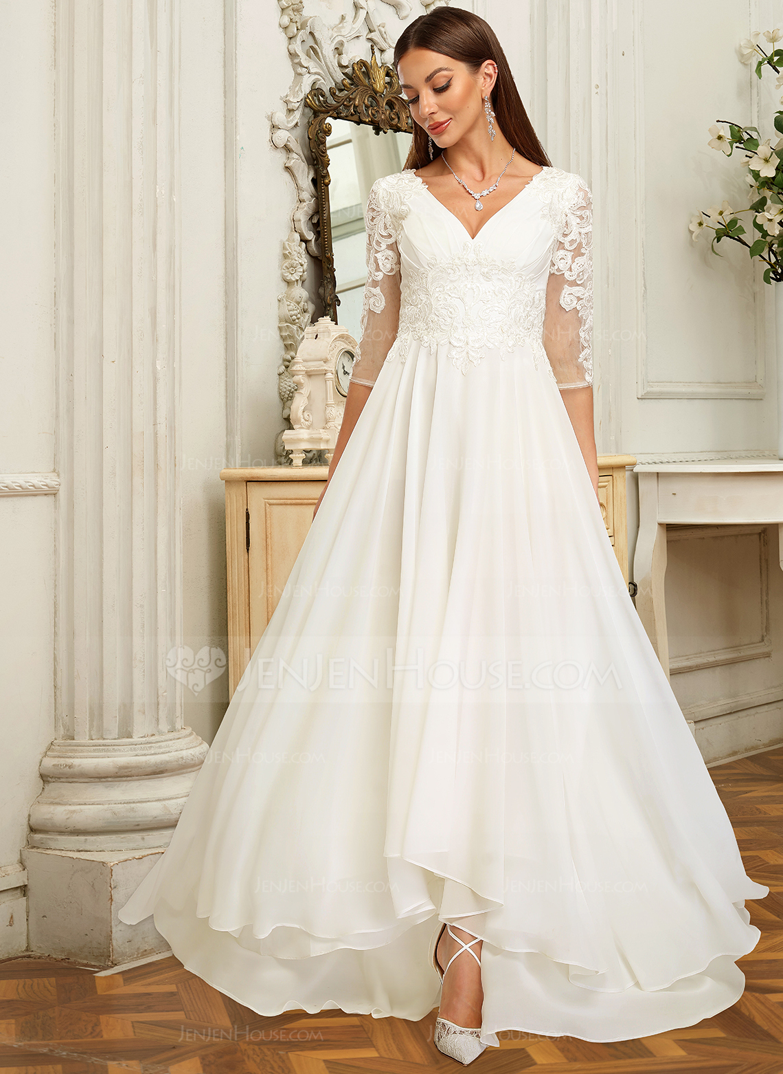 A-line kjole V-hals Asymmetrisk Blonder Chiffon Brudekjole 