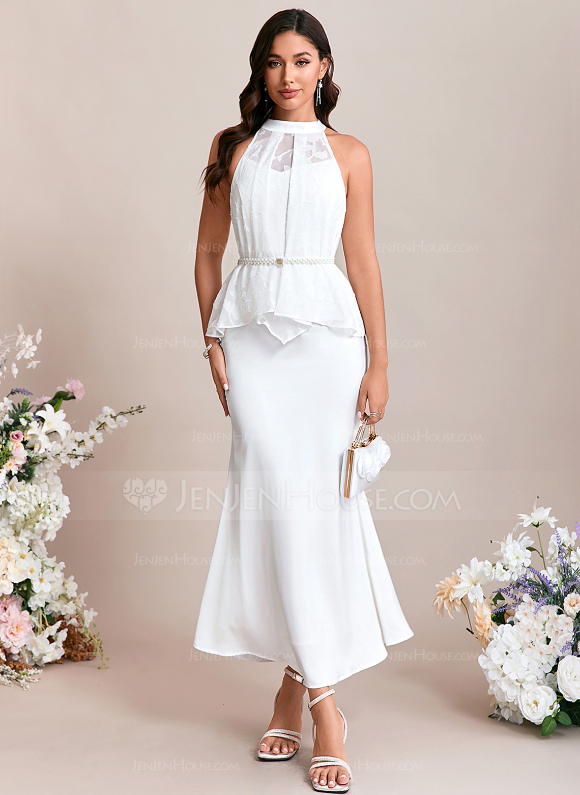 Jacquard Halter Sleeveless Trumpet/Mermaid Chiffon Satin Maxi Dress 