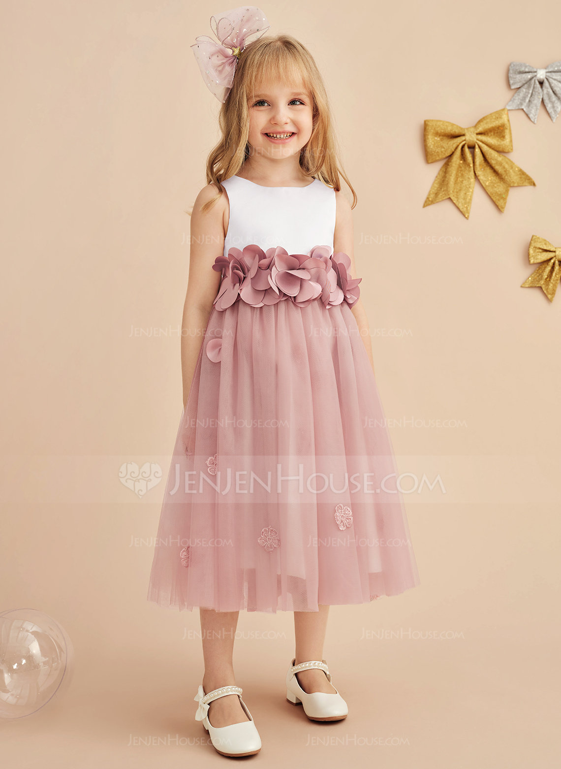 A-linja pyöreä kaula-aukko polven alle satiini tylli kukka tyttö mekot jossa keula 3d kukka 