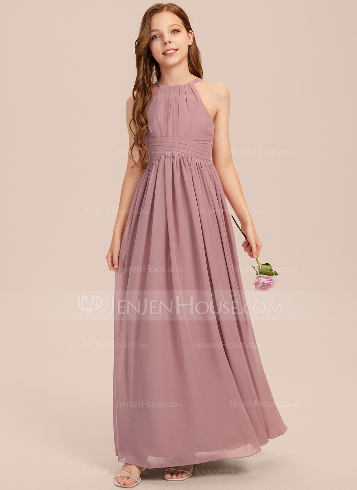 A-line kjole Halterneck Gulvlengde Chiffon Brudepikekjole ungdom 