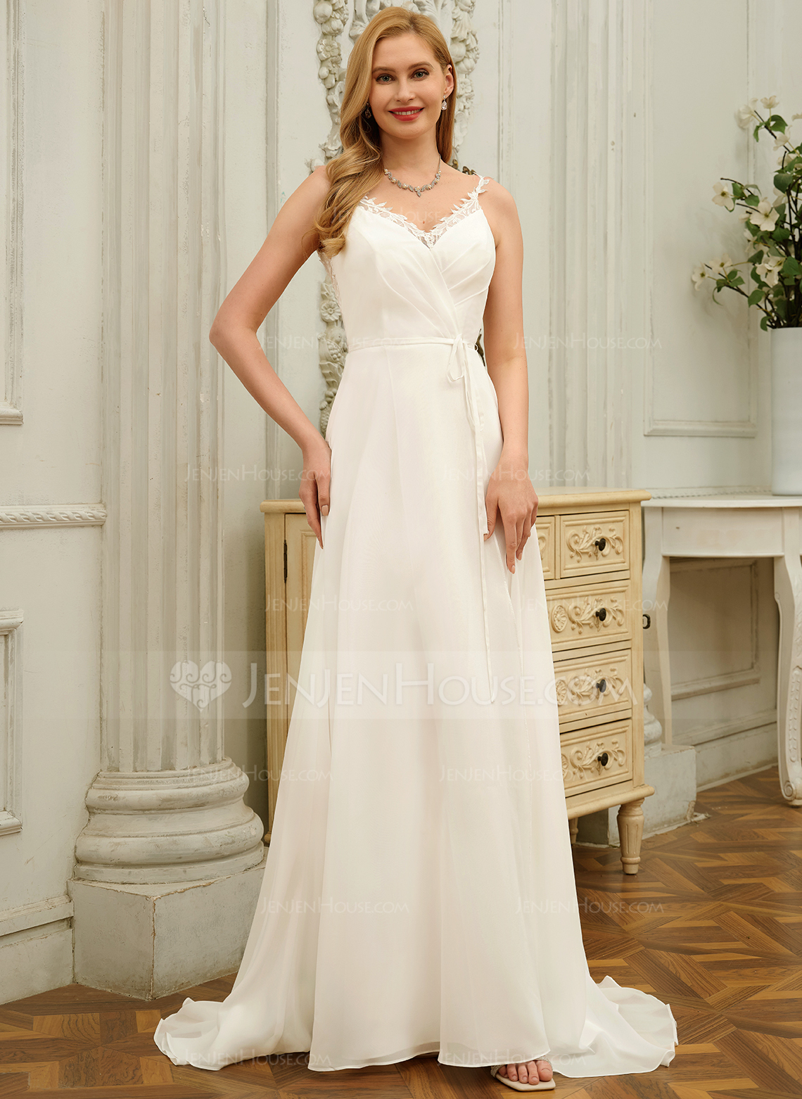 A-line kjole V-hals Sweep/Børste train Blonder Chiffon Brudekjole 