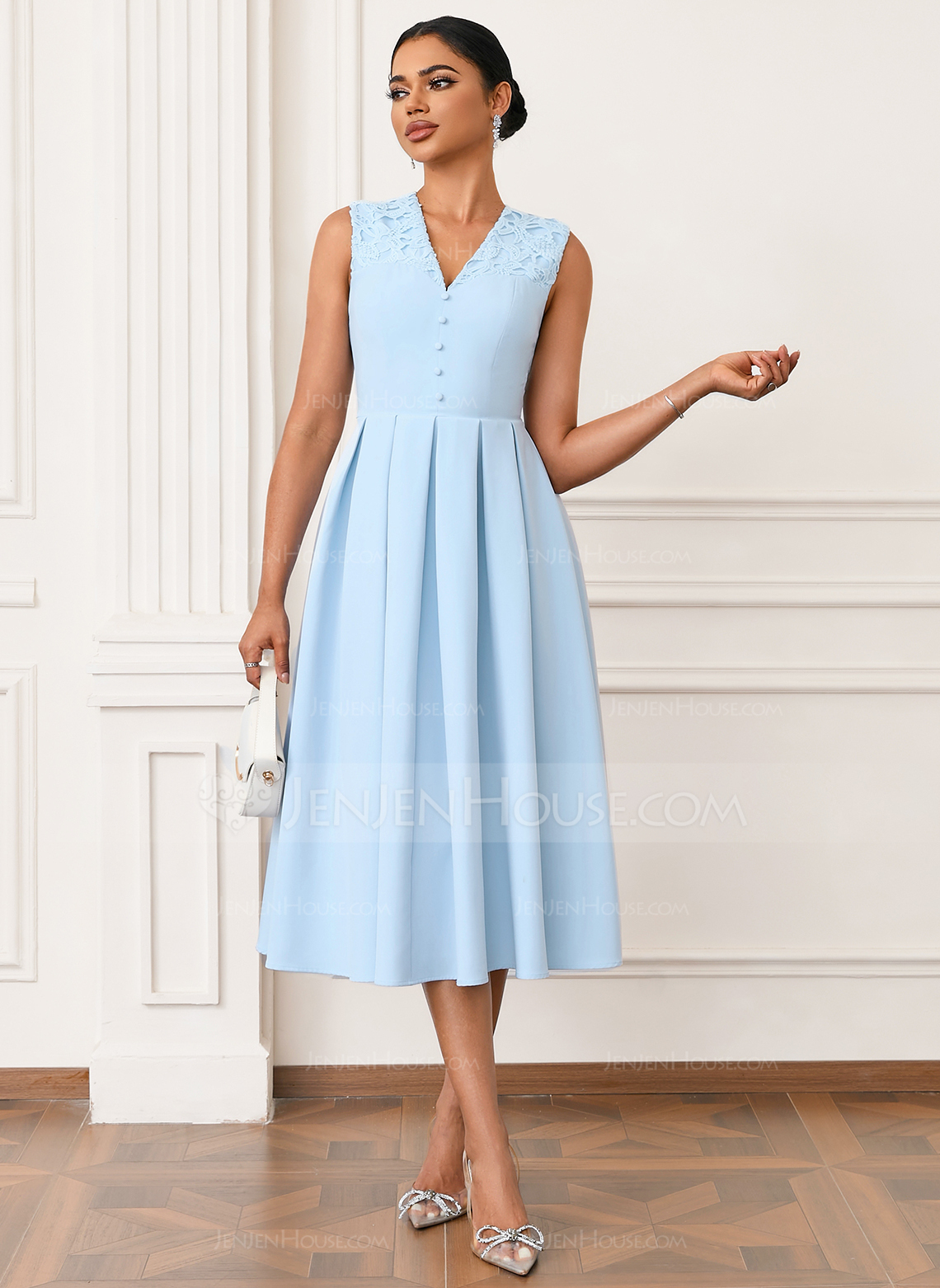 V-Neck Sleeveless A-line Stretch Satin Midi Dress 