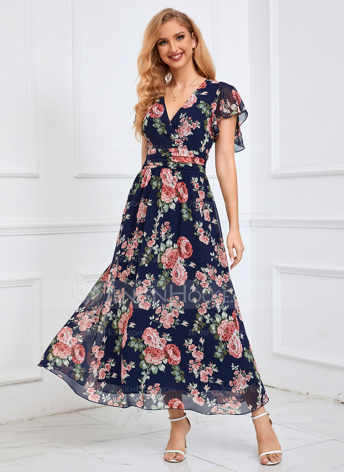 Kjole Maxi i Chiffon med Blomstertrykk