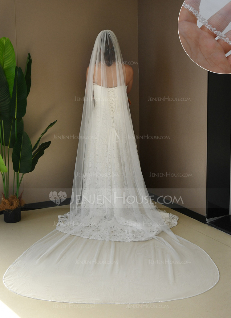 Beading Cut Edge Single Tier Tulle Bridal Cathedral Length Wedding Veils 