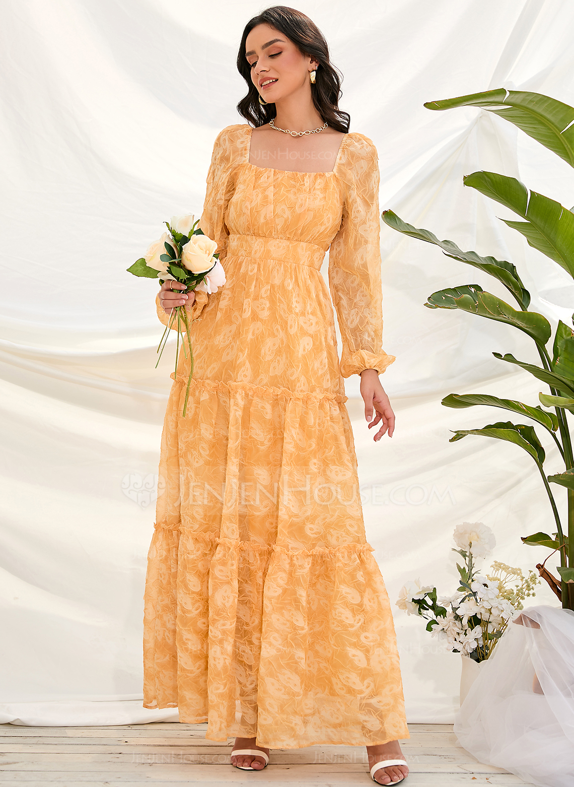 Firkantet utringning Lange ermer Elegant A-line kjole Chiffong Midi Motekjoler 