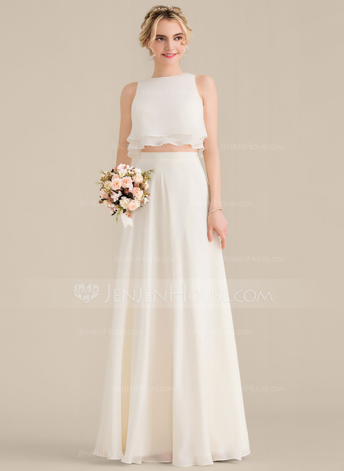 A-Linien-Kleid Zweiteiler Rundhals Bodenlang Chiffon Brautjungfernkleid mit Kaskaden-Rüschen 