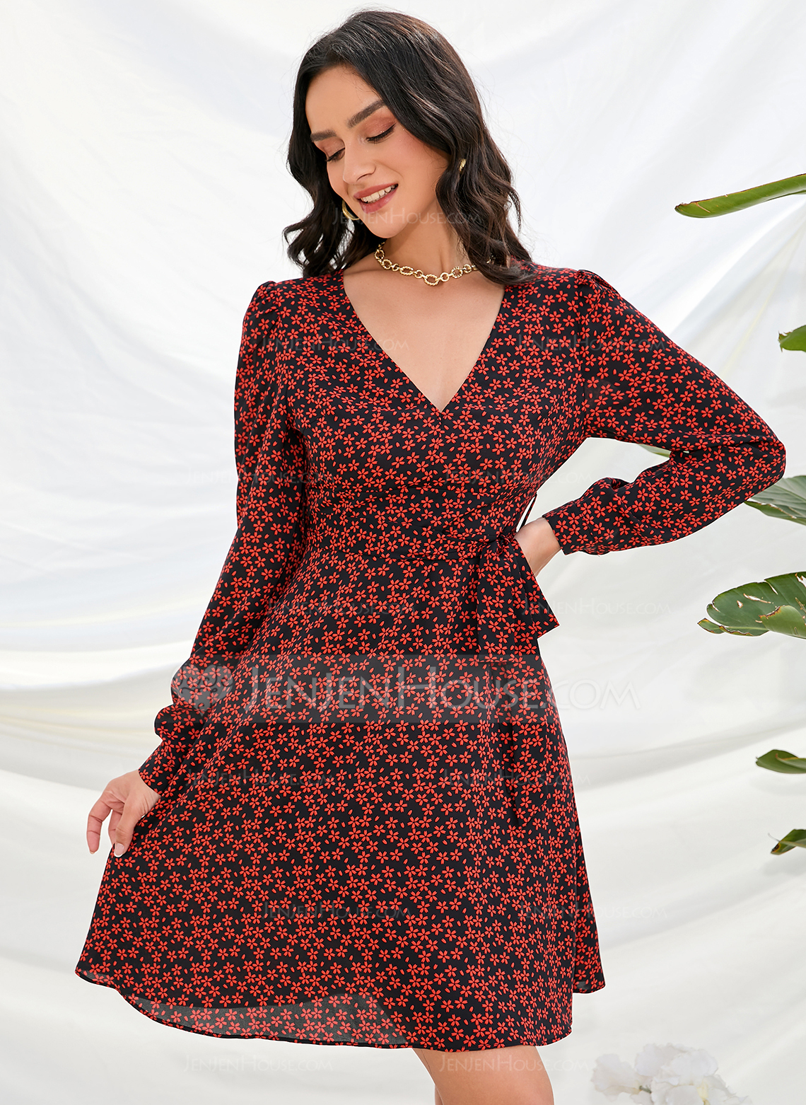 V-hals Lange ermer Ferie A-line kjole Chiffong Mini Motekjoler 