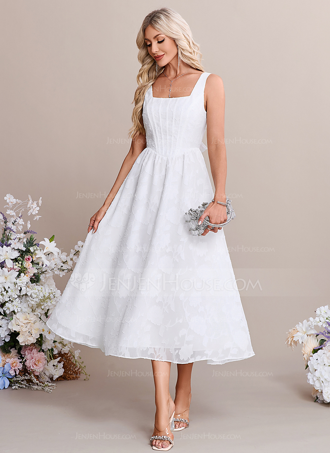 A-line Square Tea-Length Chiffon Wedding Dress 