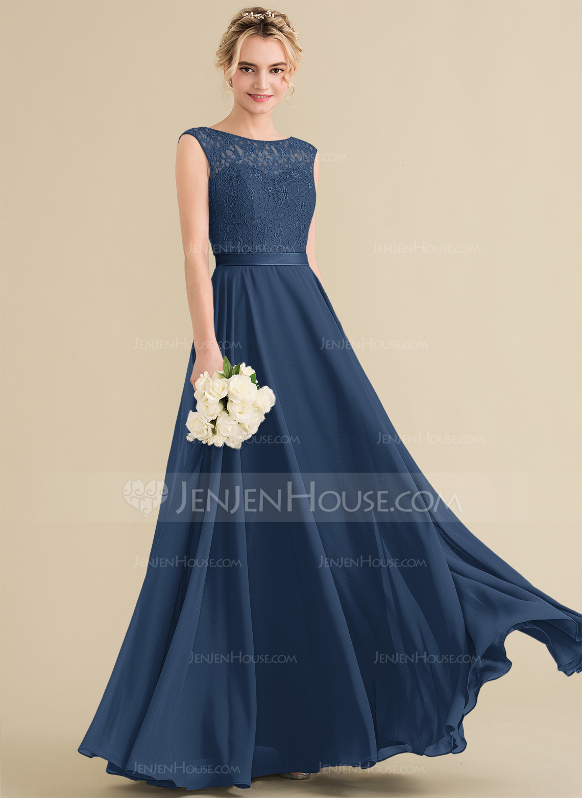 A-Linien-Kleid Rundhals Bodenlang Chiffon Spitze Brautjungfernkleid mit Schleife 