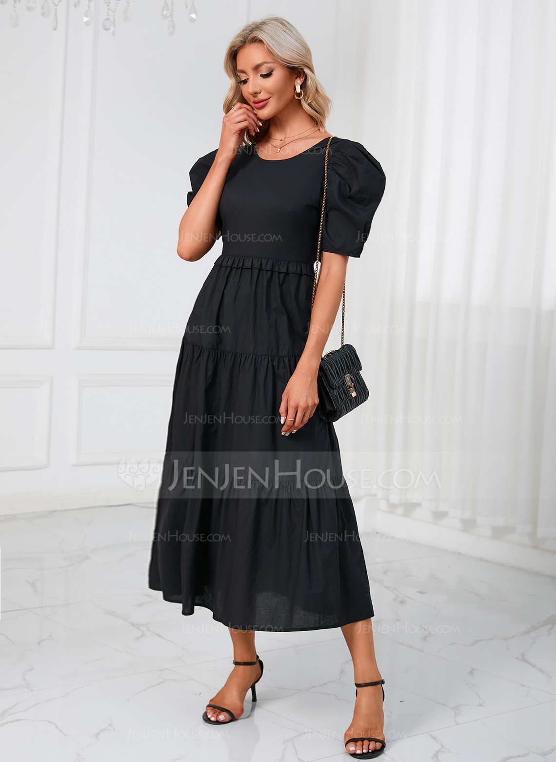 Ruffle Scoop Kortermer A-line kjole Bomull Midi Kjole 