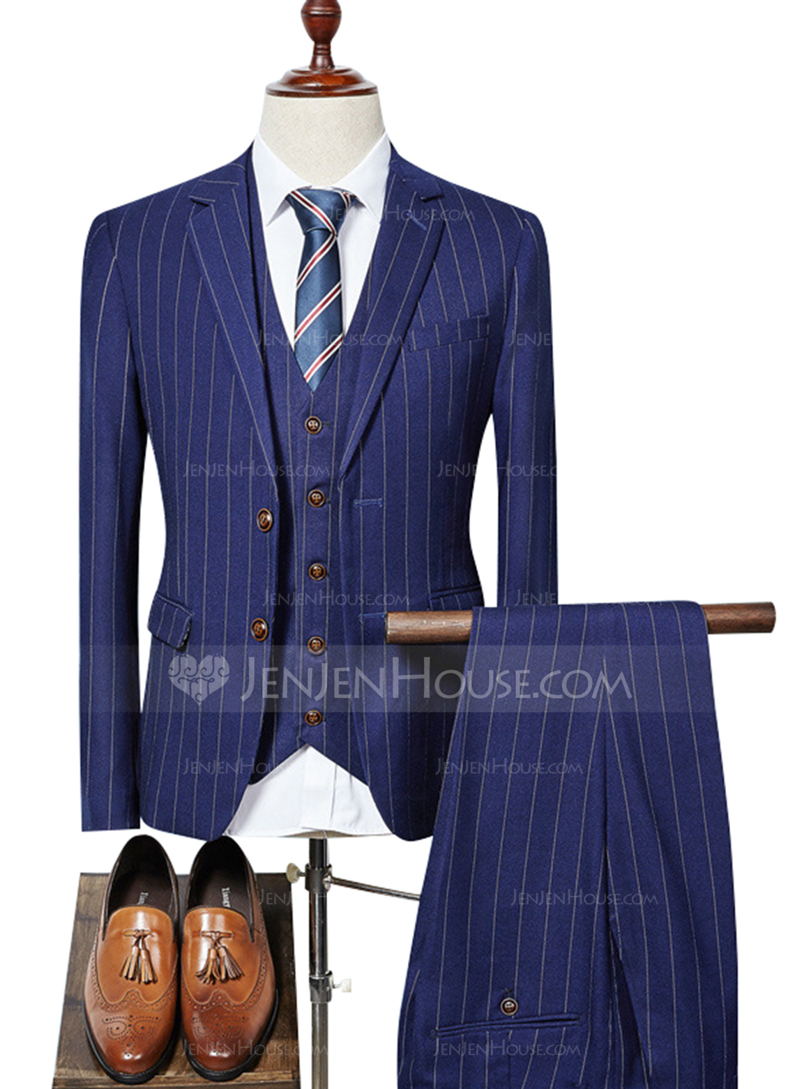 Striped 3 Piece Single Breasted Tailored Fit Men's Casual Suit 