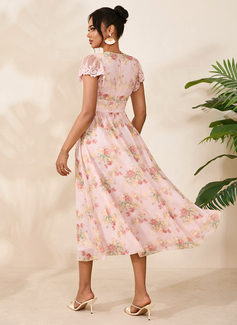Floral Print V-Neck Short Sleeve A-line Chiffon Midi Dress 