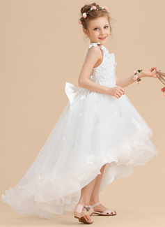 Prinzessin V-Ausschnitt Vokuhila Tüll Blumenmädchenkleid mit Schleife Perlen 3D-Blumen 