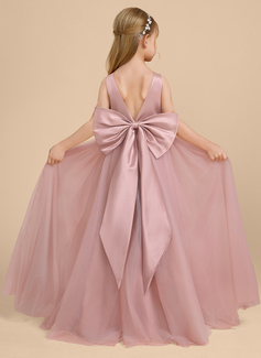 Prinzessin V-Ausschnitt Bodenlang Tüll Satin Blumenmädchenkleid mit Schleife Schärpe 