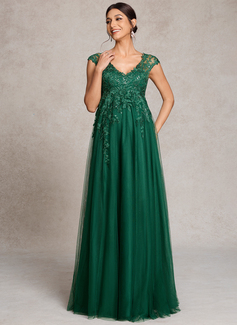 A-line V-Neck Illusion Floor-Length Tulle Lace Maternity Dresses With Sequins 