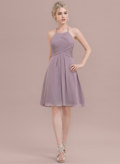 A-formet Scoop Hals Knelengde Chiffong Brudepikekjole med Frynse 