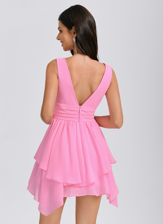 A-line V-Neck Asymmetrical Chiffon Homecoming Dress With Pleated 