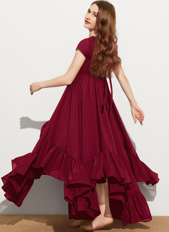 A-line kjole Scoop Gulvlengde Chiffong Brudepikekjole til tenåringer med Bue Brusende Volanger Applikasjoner Blonder 