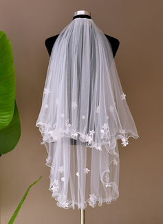 Pearl Floral Scalloped Edge Two Tier Bridal Fingertip Length 39" Wedding Veils With Blusher 