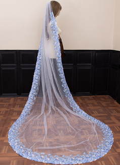 Pearl Floral Lace Edge Single Tier Tulle Bridal Cathedral Length Wedding Veils 