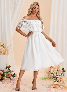 Off the Shoulder Sleeveless A-line Chiffon Lace Midi Dress 
