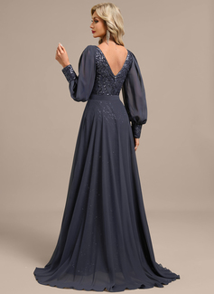 Sheath/Column V-Neck Floor-Length Detachable Lace Sequin Chiffon Evening Dress With Overskirt 