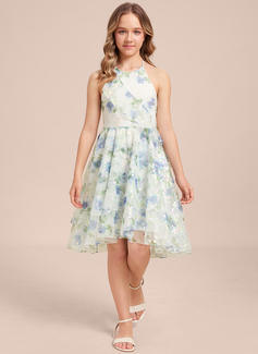 A-Linien-Kleid Neckholder Vokuhila Blumenmuster Kleider für junge Brautjungfern 