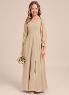 A-line V-Neck Floor-Length Chiffon Junior Bridesmaid Dress With Bow 