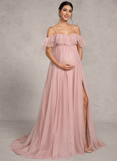 A-line Off the Shoulder Sweep Train Tulle Maternity Dresses With Ruffle 