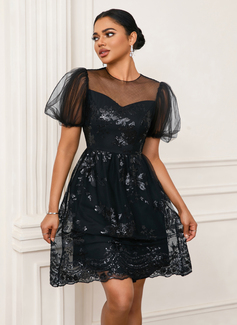 Sequins Scoop Illusion Short Sleeve A-line Tulle Mini Dress 