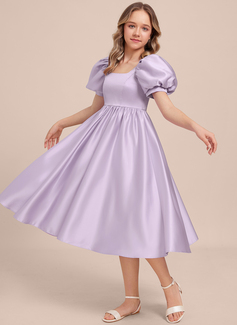 A-line Square Tea-Length Satin Junior Bridesmaid Dress 