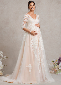 A-line V-Neck Sweep Train Tulle Lace Maternity Dresses 