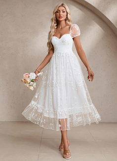 Embroidered Sweetheart Short Sleeve A-line Tulle Midi Dress 