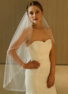 Beading Cut Edge Two Tier Tulle Bridal Fingertip Length Wedding Veils With Blusher 