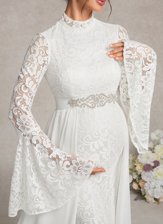 Trumpet/Mermaid High Neck Sweep Train Detachable Chiffon Lace Maternity Dresses With Beading 