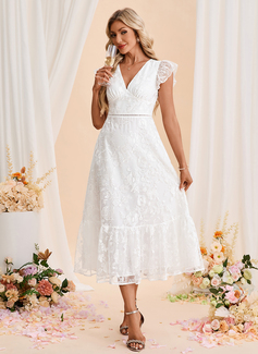 A-line V-Neck Tea-Length Tulle Wedding Dress With Embroidered 