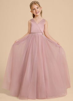 Prinzessin V-Ausschnitt Bodenlang Tüll Satin Blumenmädchenkleid mit Schleife Schärpe 