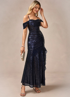 Ruffle Cold Shoulder Spaghetti Straps Trumpet/Mermaid Sequin Maxi Dress 