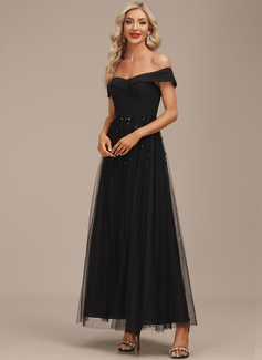 A-line kjole Bare skuldre Ankel-lengde Chiffong Tyll Festkjole med paljetter Profilering 