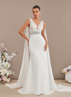 Trumpet/Mermaid V-Neck Sweep Train Lace Chiffon Wedding Dress With Sequins 
