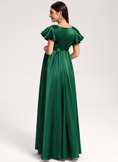 A-line Scoop Floor-Length Stretch Satin Maternity Dresses With Ruffle 