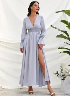 Splittet Front V-hals Lange ermer Elegant A-line kjole Satin Midi Motekjoler 