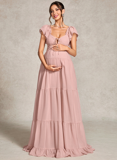 A-line V-Neck Floor-Length Chiffon Maternity Dresses With Ruffle Bow 