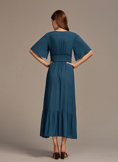 V-hals Kortermer A-line kjole Polyester Midi Motekjoler 