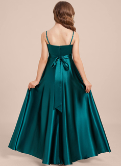 A-line Square Floor-Length Stretch Satin Junior Bridesmaid Dress 
