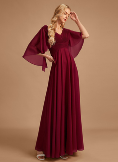 A-Line V-neck Floor-Length Chiffon Bridesmaid Dress With Ruffle 