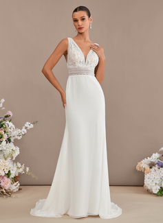 Trumpet/Mermaid V-Neck Sweep Train Lace Chiffon Wedding Dress With Sequins 