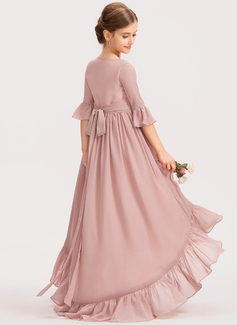 A-line Scoop Asymmetrical Chiffon Junior Bridesmaid Dress With Bow Cascading Ruffles 